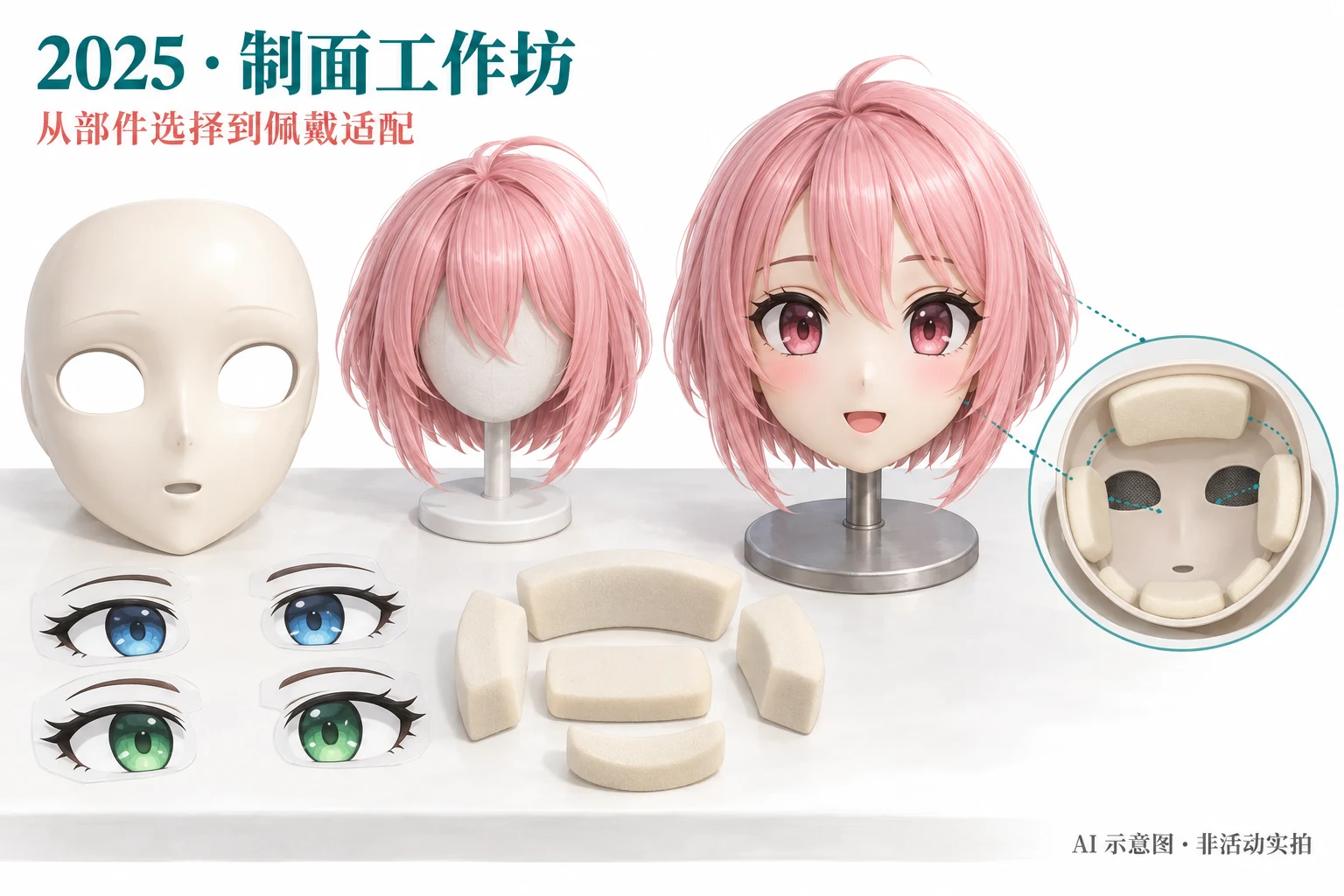 Kigurumi 工作坊中面具部件选择与佩戴适配的说明图